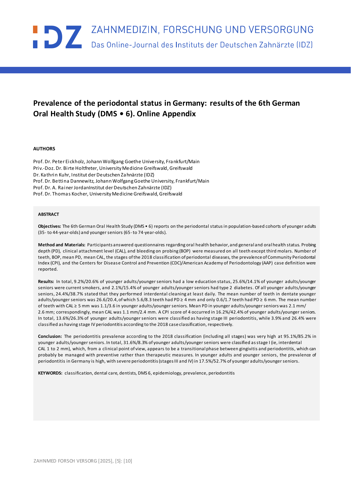 Prevalence of the periodontal status in Germany: results of the 6th German Oral Health Study (DMS • 6). Online Appendix