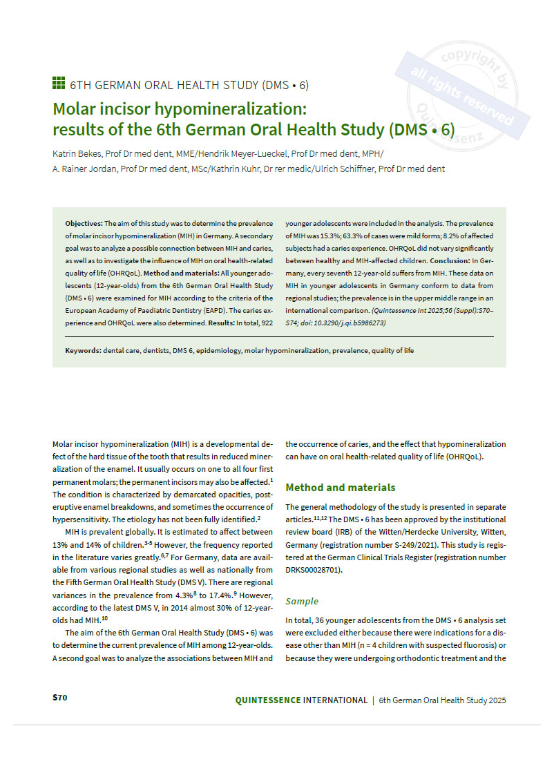 Molar incisor hypomineralization: results of the 6th German Oral Health Study (DMS • 6)