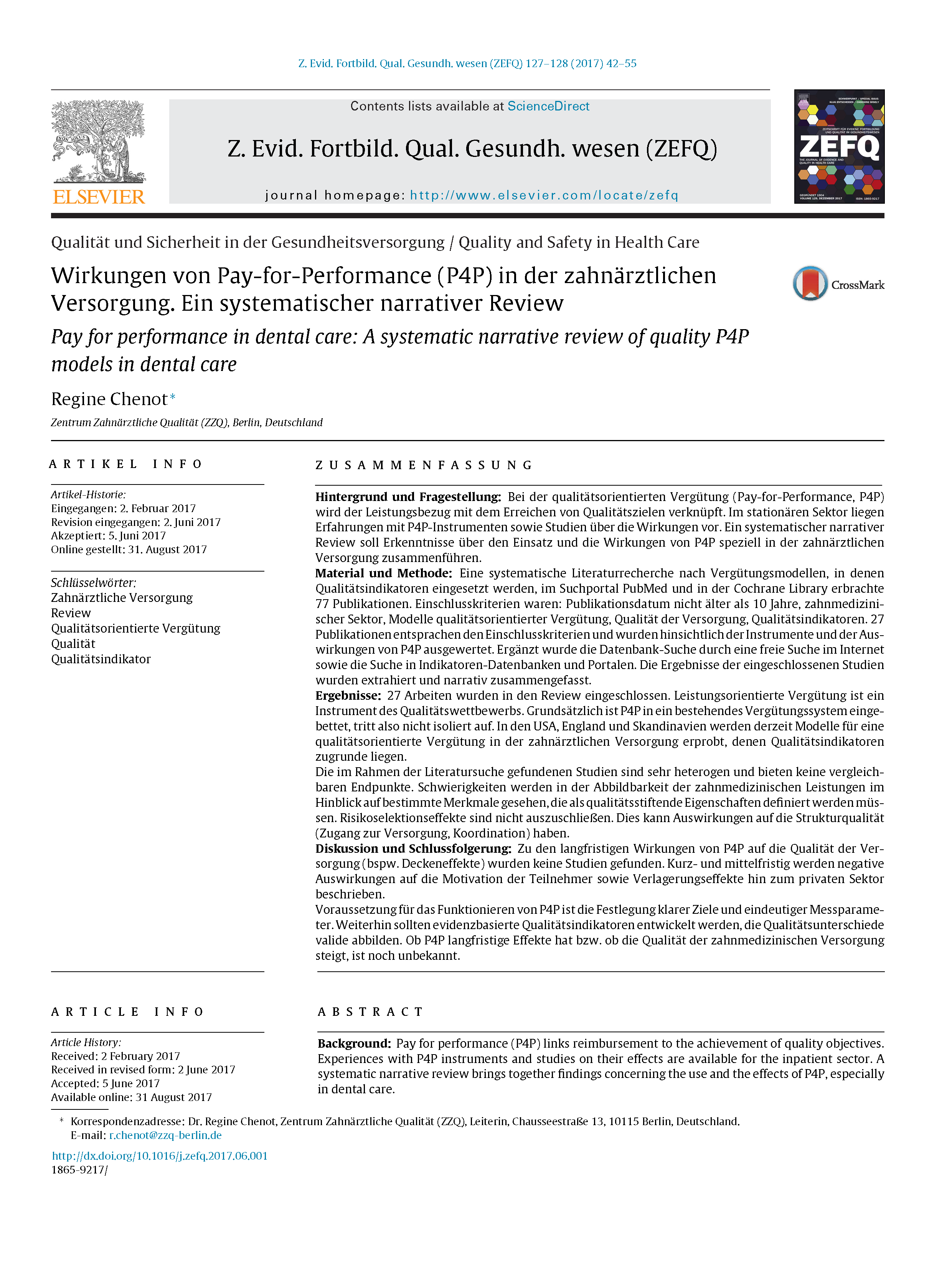 Wirkungen von Pay-for-Performance (P4P) in der zahnärztlichen Versorgung Wirkungen von Pay-for-Performance (P4P) in der zahnärztlichen Versorgung