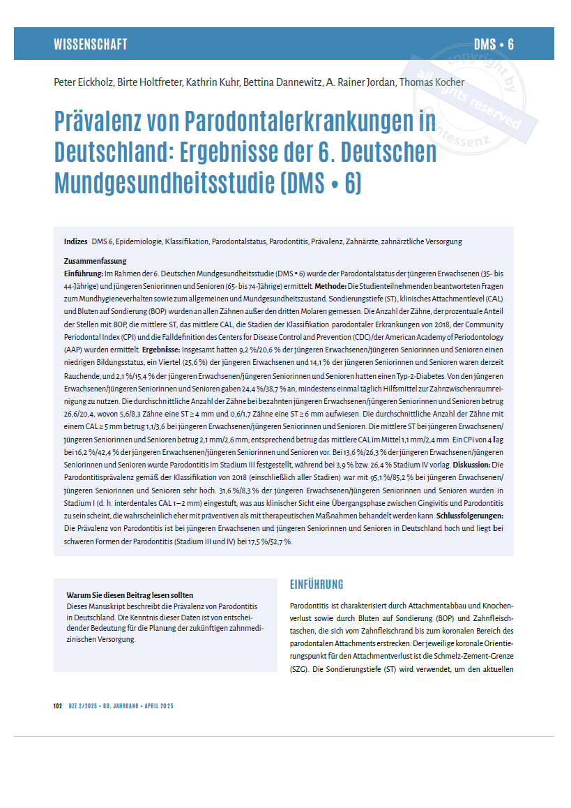 Prävalenz von Parodontalerkrankungen in Deutschland: Ergebnisse der 6. Deutschen Mundgesundheitsstudie (DMS • 6)