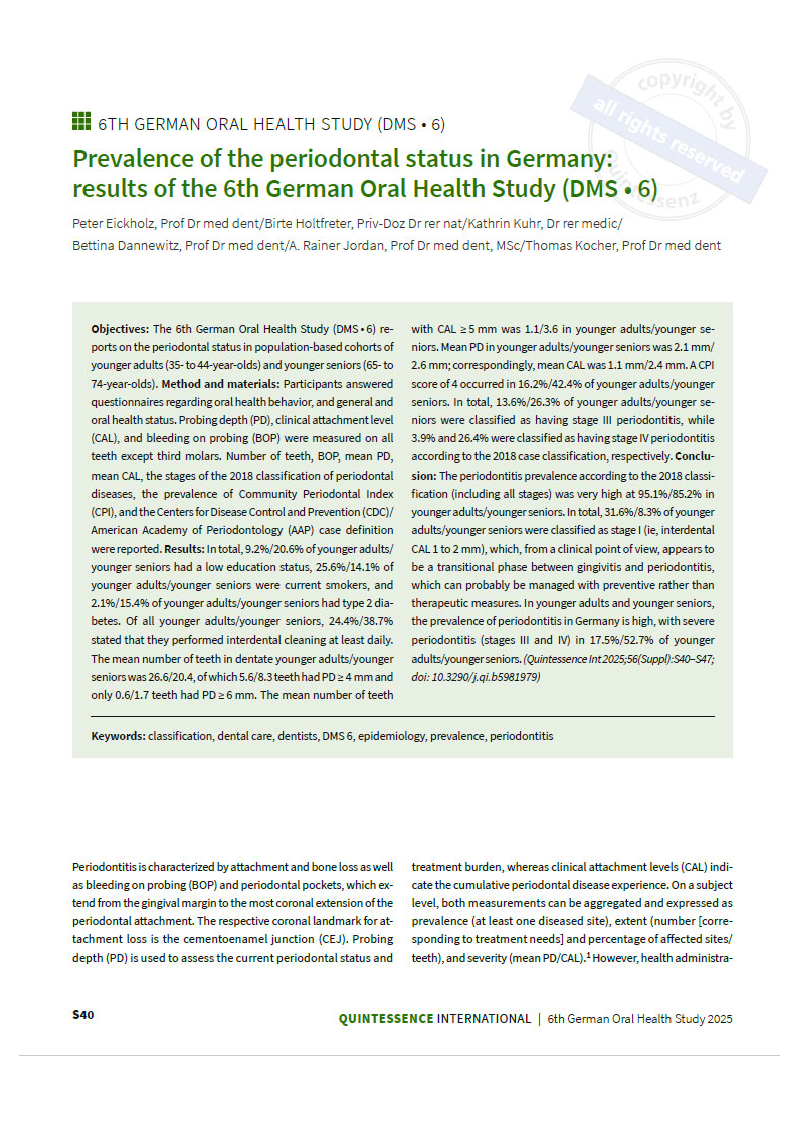 Prevalence of the periodontal status in Germany: results of the 6th German Oral Health Study (DMS • 6)