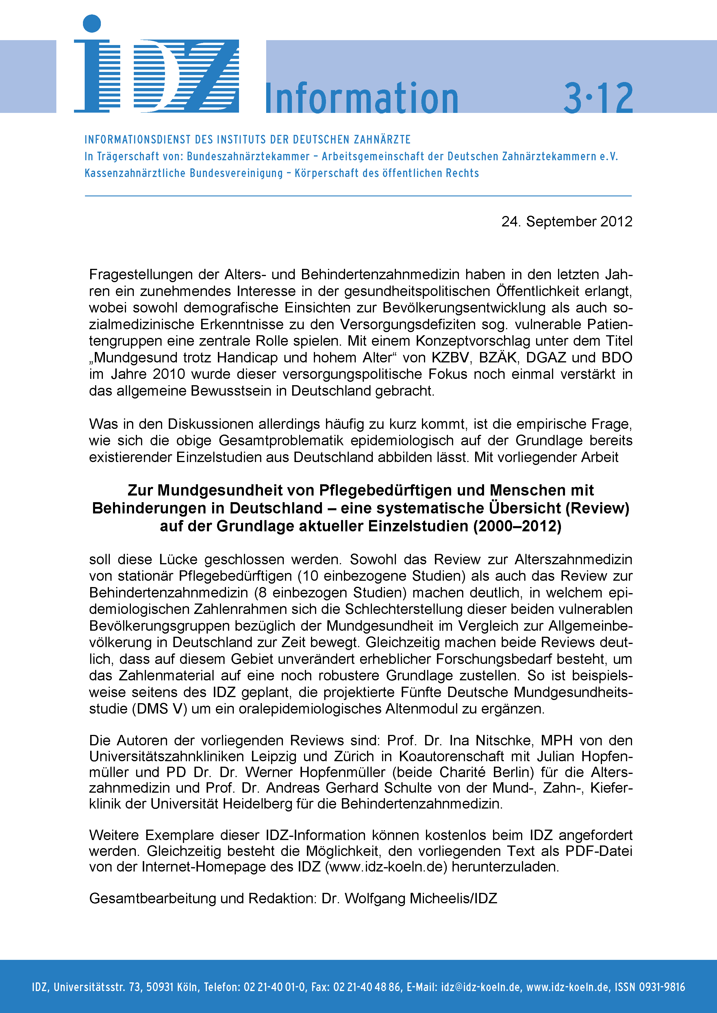 Idz Zur Mundgesundheit Von Pflegebedurftigen Und Menschen Mit