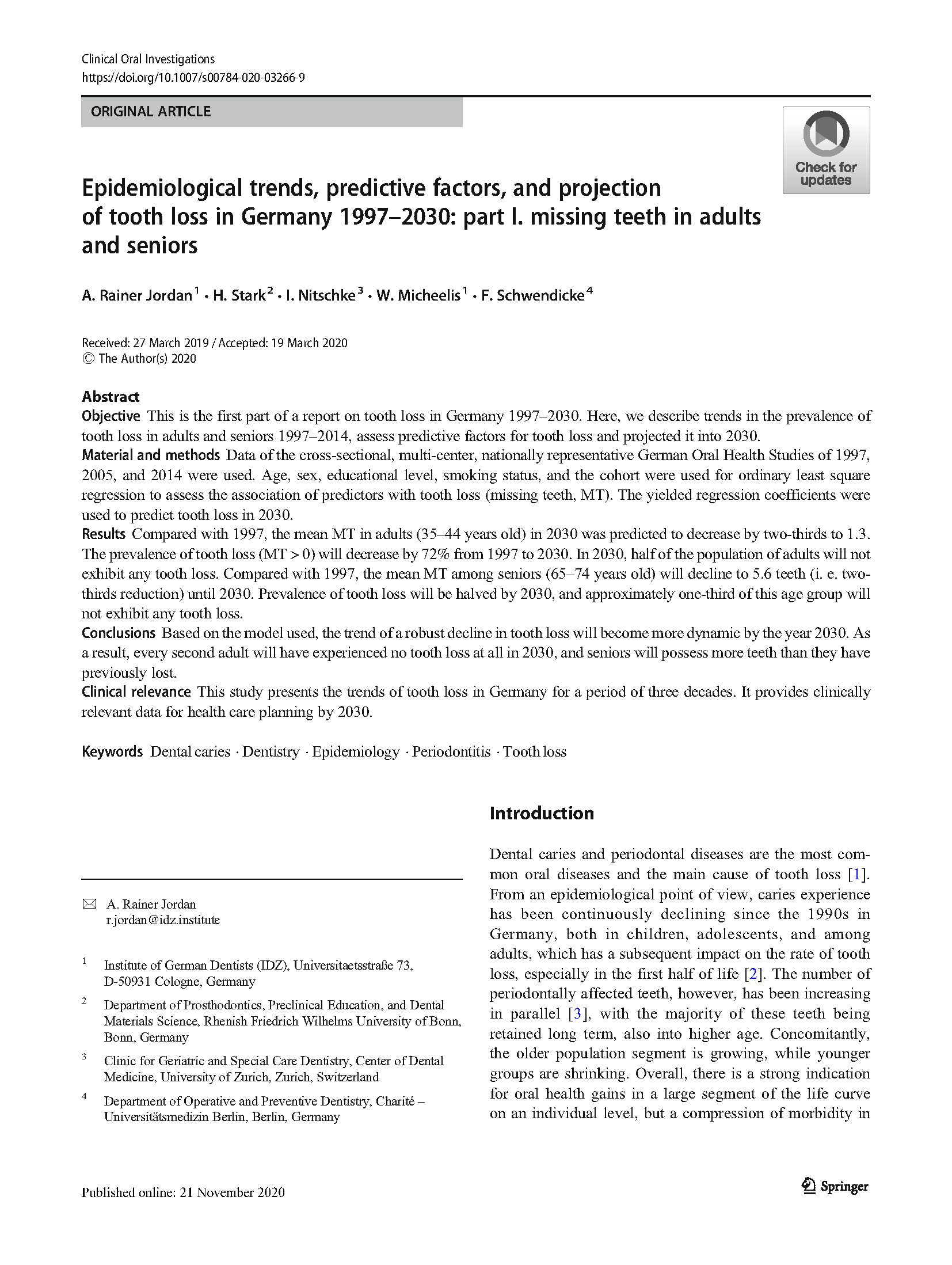 Epidemiological trends, predictive factors, and projection of tooth loss in Germany 1997–2030: Epidemiological trends, predictive factors, and projection of tooth loss in Germany 1997–2030: