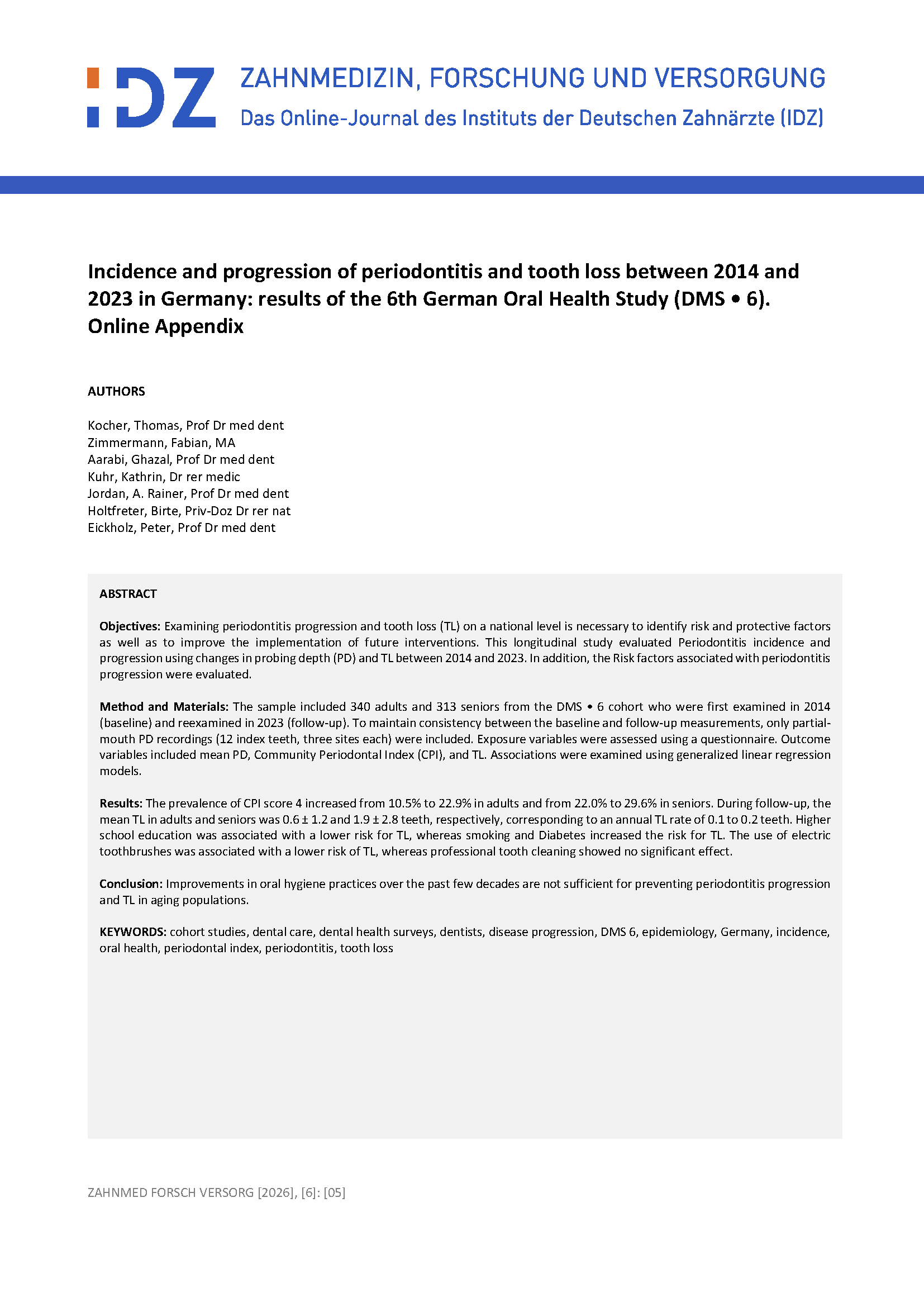 Incidence and progression of periodontitis and tooth loss between 2014 and 2023 in Germany: results of the 6th German Oral Health Study (DMS • 6)