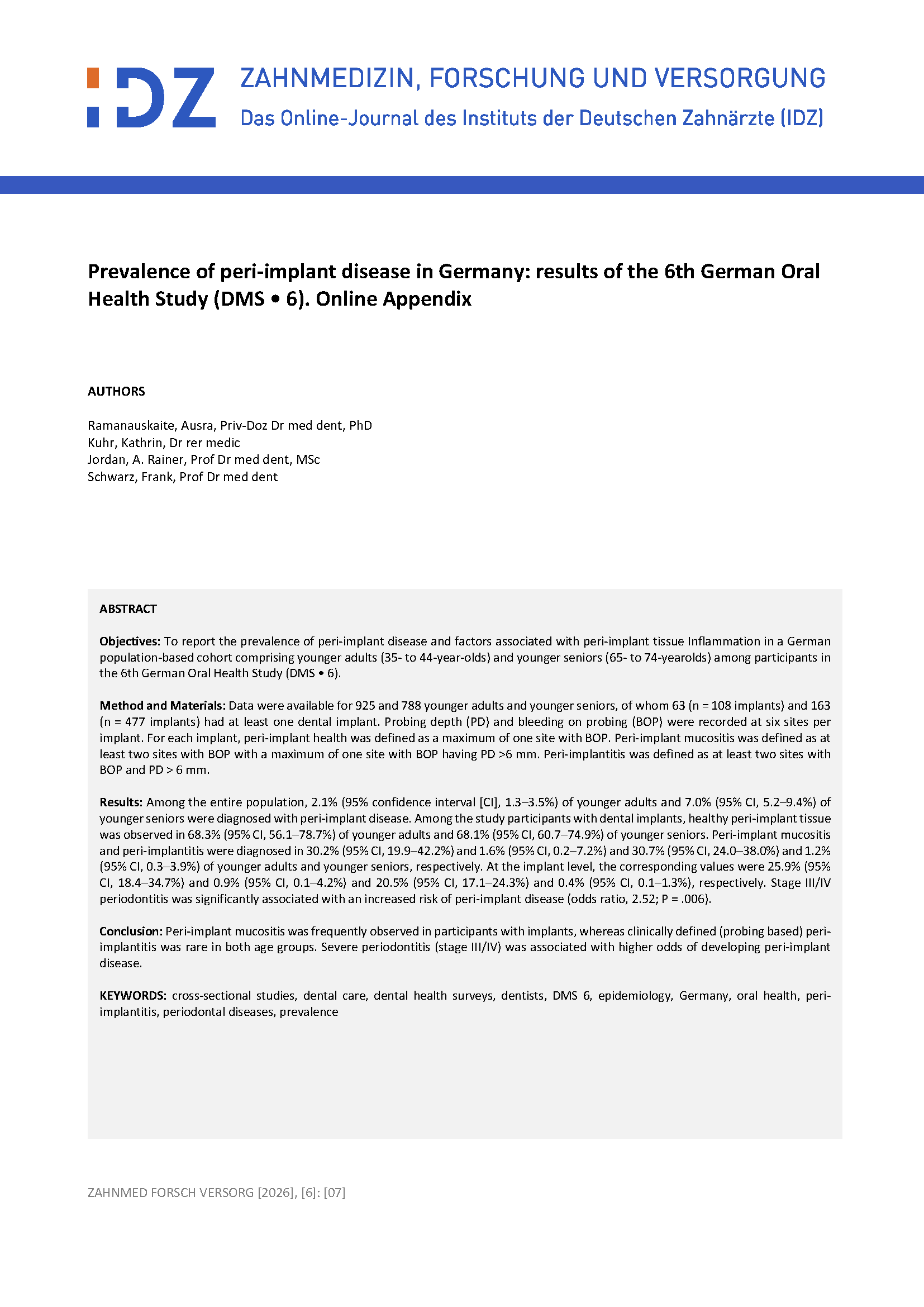Prevalence of peri-implant disease in Germany: results of the 6th German Oral Health Study (DMS • 6). Online Appendix