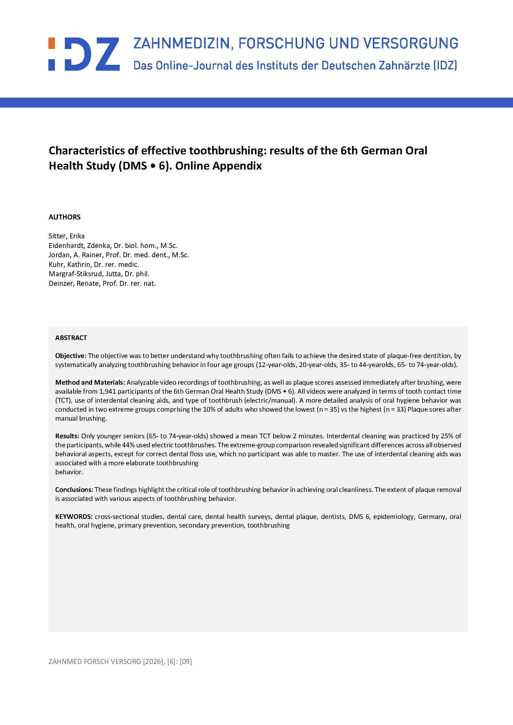 Characteristics of Effective Toothbrushing: results of the 6th German Oral Health Study (DMS • 6). Online Appendix