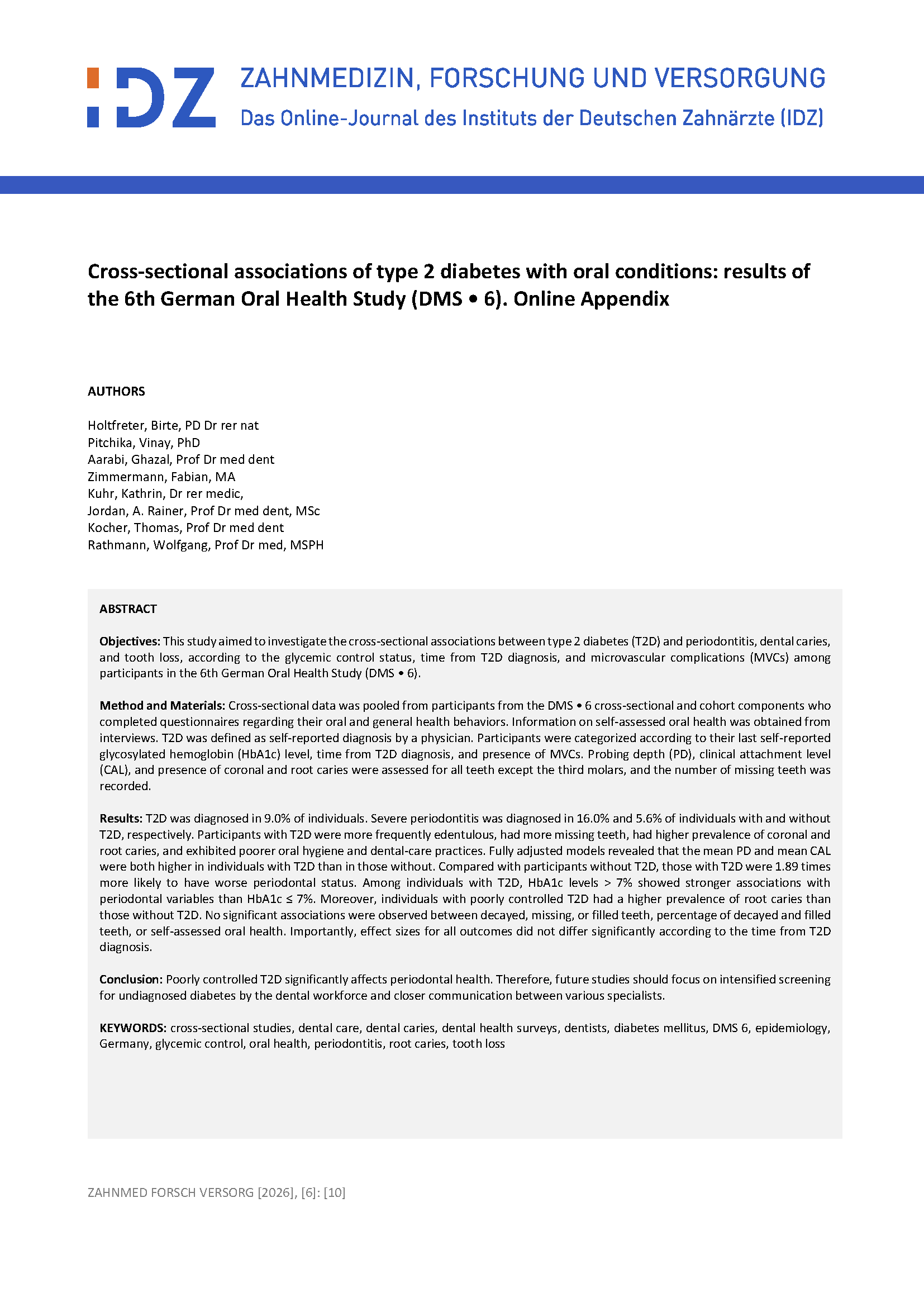 Cross-sectional associations of type 2 diabetes with oral conditions: results of the 6th German Oral Health Study (DMS • 6). Online Appendix