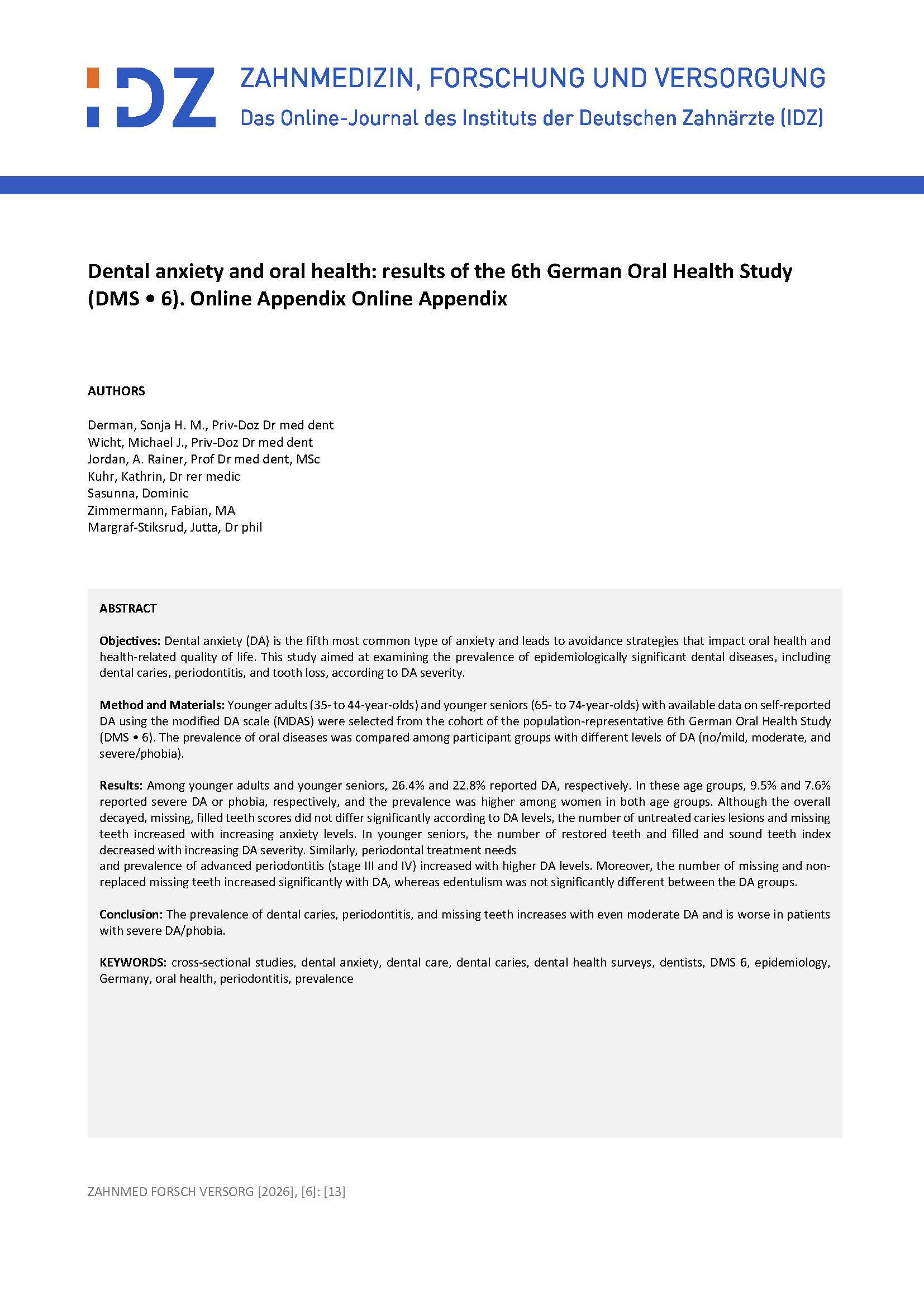 Dental anxiety and oral health: results of the 6th German Oral Health Study (DMS • 6). Online Appendix