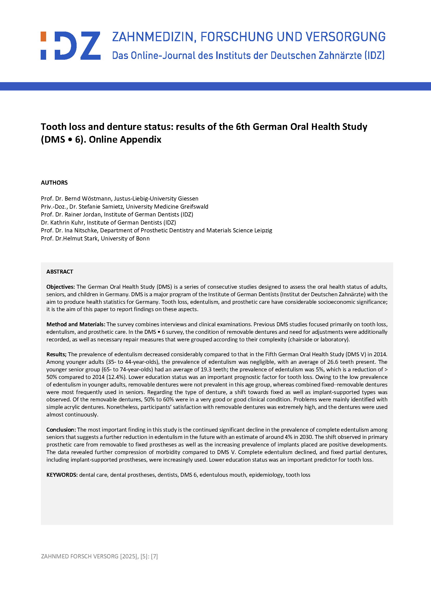 Tooth loss and denture status – Results of the 6th German Oral Health Study (DMS • 6). Online Appendix